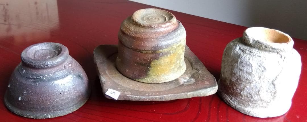 越前焼名工　白越不朝　塩越窯自然灰釉究極美逸品ぐい呑み湯呑3種茶托セットNo:５