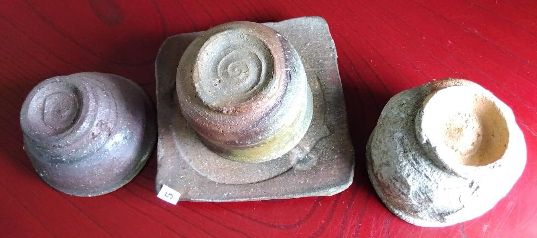 越前焼名工　白越不朝　塩越窯自然灰釉究極美逸品ぐい呑み湯呑3種茶托セットNo:５