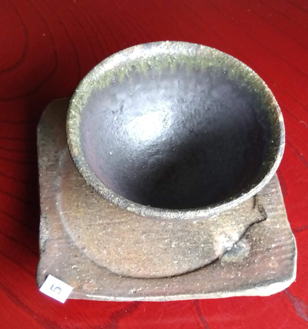 越前焼名工　白越不朝　塩越窯自然灰釉究極美逸品ぐい呑み湯呑3種茶托セットNo:５