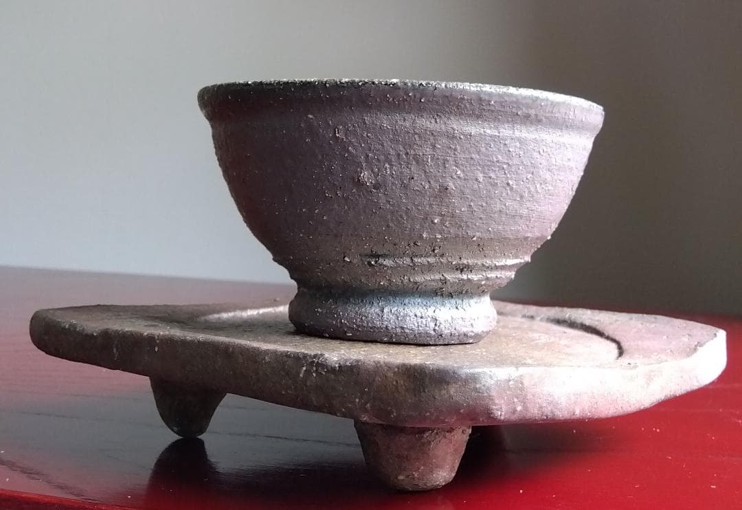 越前焼名工　白越不朝　塩越窯自然灰釉究極美逸品ぐい呑み湯呑3種茶托セットNo:５