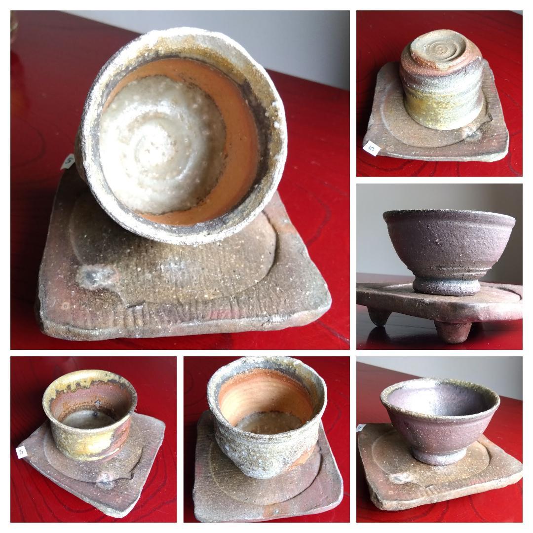 越前焼名工　白越不朝　塩越窯自然灰釉究極美逸品ぐい呑み湯呑3種茶托セットNo:５