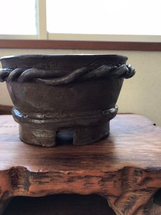 盆栽鉢　時代手捻り一点物小品盆栽鉢杉浦16x9cm777g