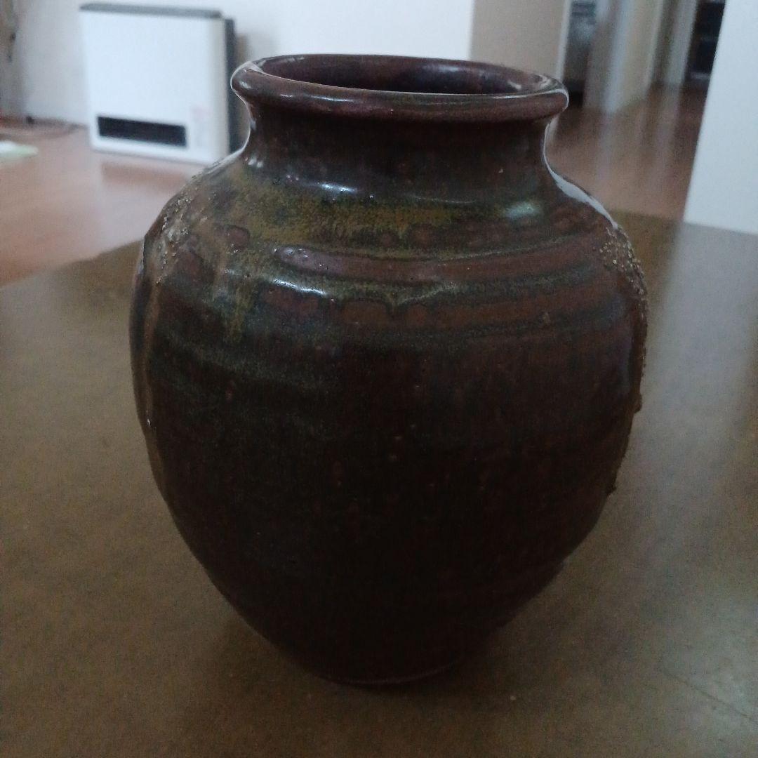 昭和期 丹波焼風 花瓶 壺 18cm 作家印あり 陶印在り 焼締 花入れ