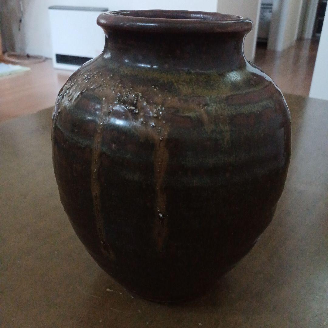 昭和期 丹波焼風 花瓶 壺 18cm 作家印あり 陶印在り 焼締 花入れ