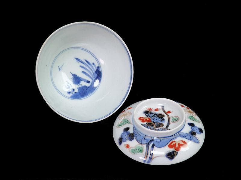 古伊万里　染錦　河骨紋の図　広東型　蓋茶碗　５客　C859AS-CEw