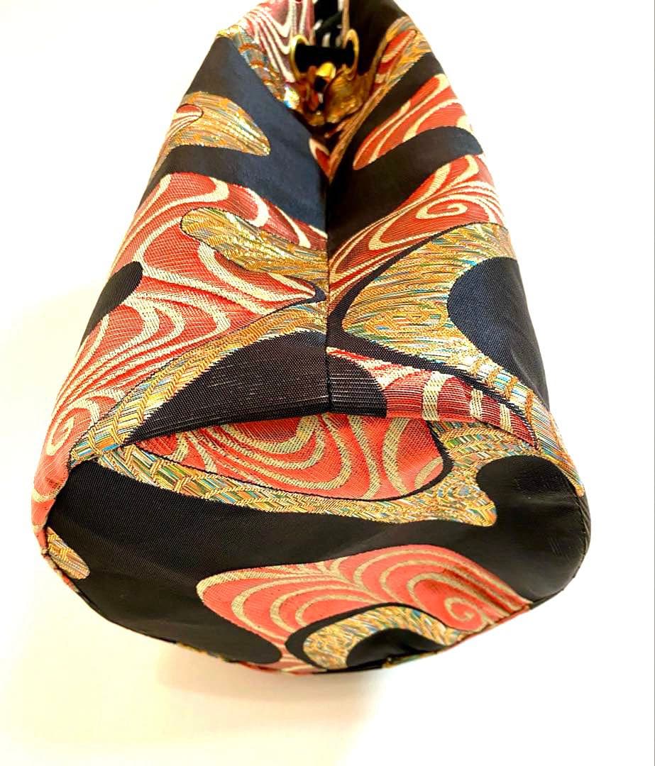 帯リメイク　赤黒　3ウェイ　丸底巾着ショルダーバッグ