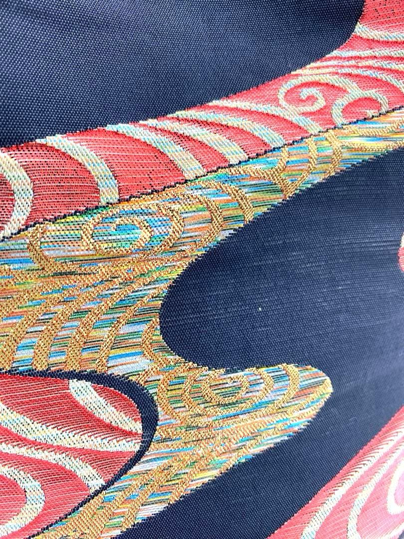 帯リメイク　赤黒　3ウェイ　丸底巾着ショルダーバッグ