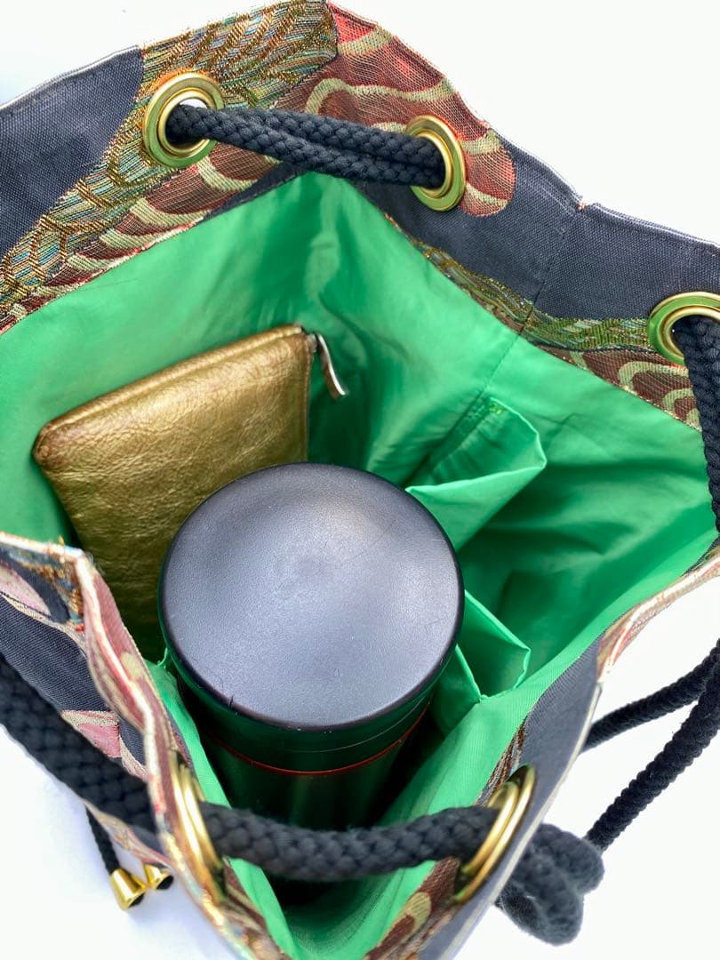 帯リメイク　赤黒　3ウェイ　丸底巾着ショルダーバッグ