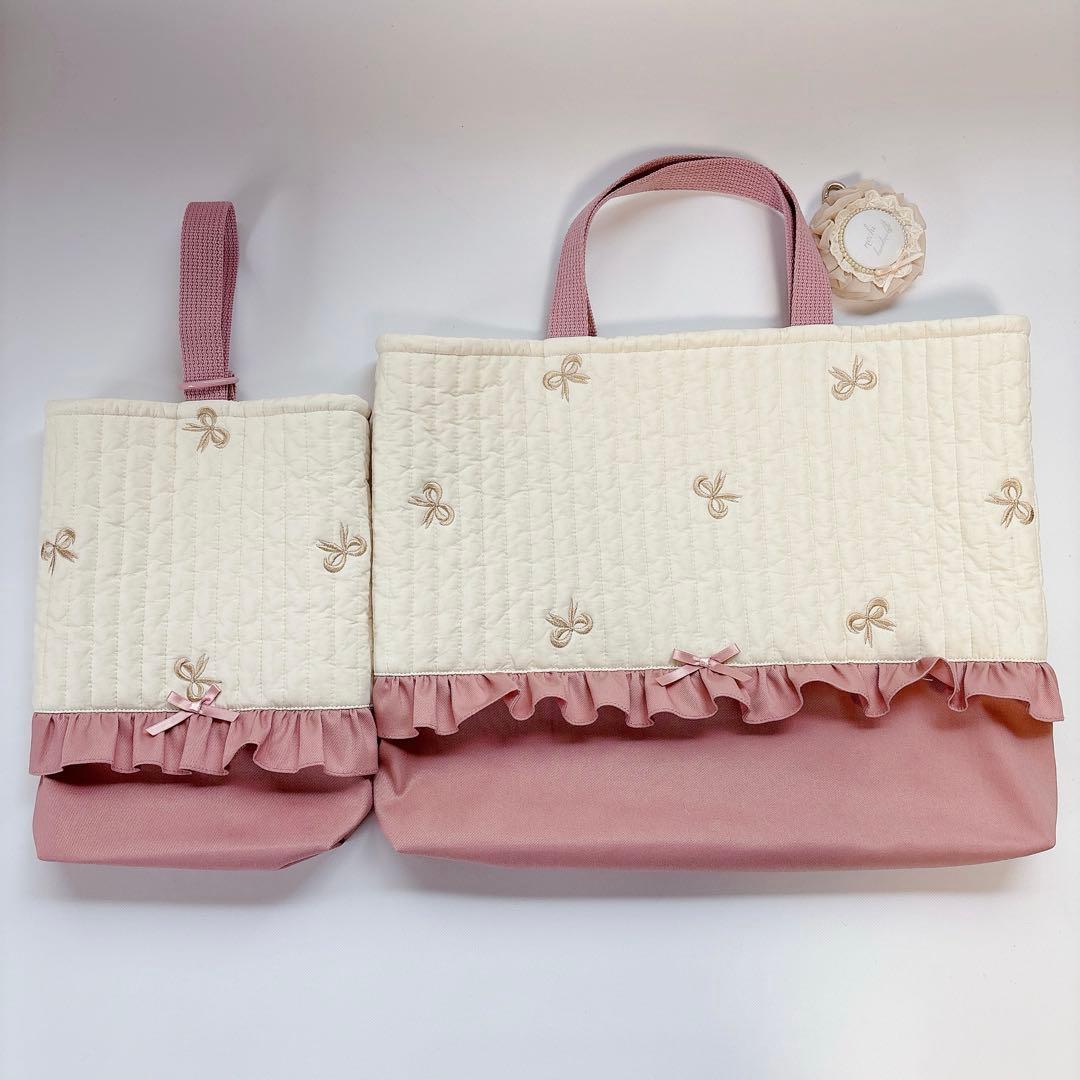 りぼん　刺繍生地　ヌビ　レッスンバッグ　上履き袋　キルト　キルティング　撥水