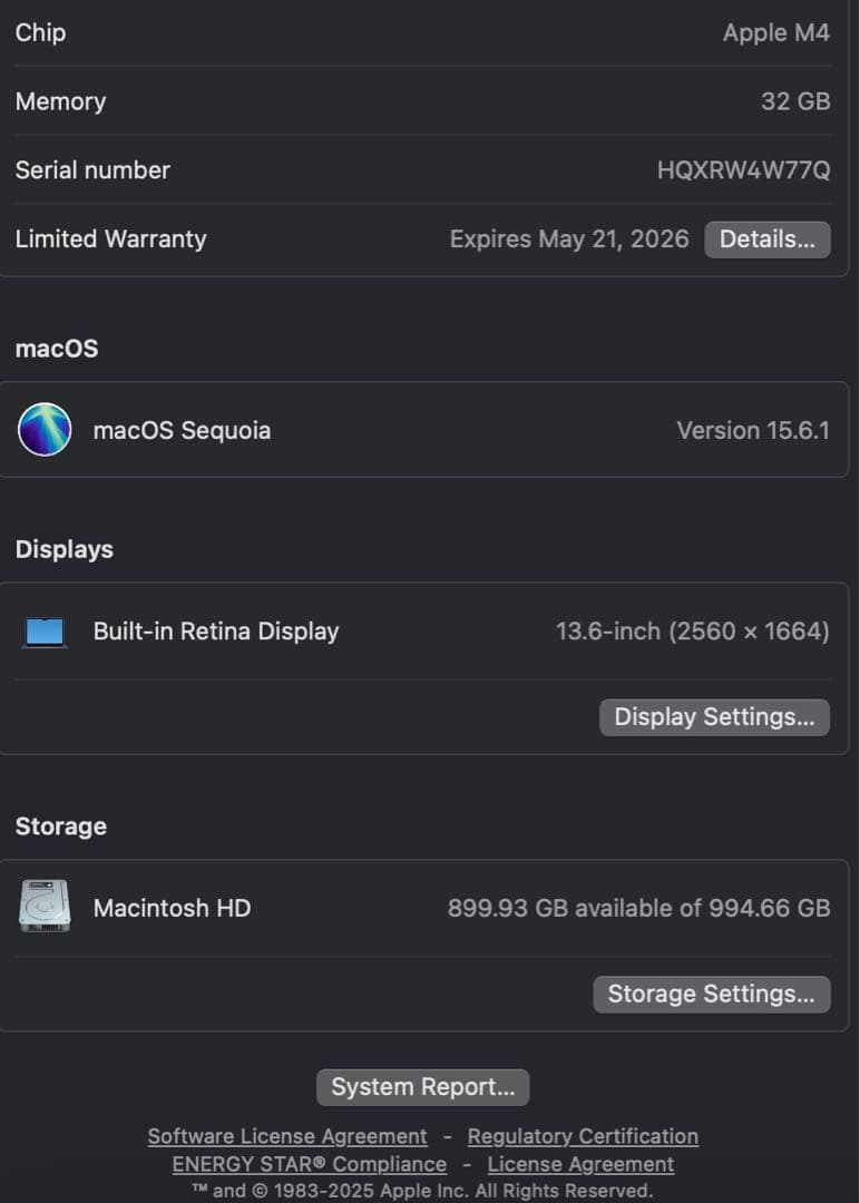 AppleMacBookAir 2025 M4 32GB/1TB スペースグレー