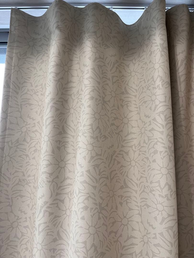 美品＜北欧モダンな小鳥と花柄＞　1級遮光カーテン　横335cm＊縦200cm