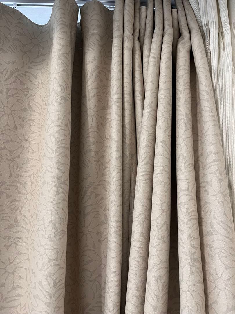 美品＜北欧モダンな小鳥と花柄＞　1級遮光カーテン　横335cm＊縦200cm