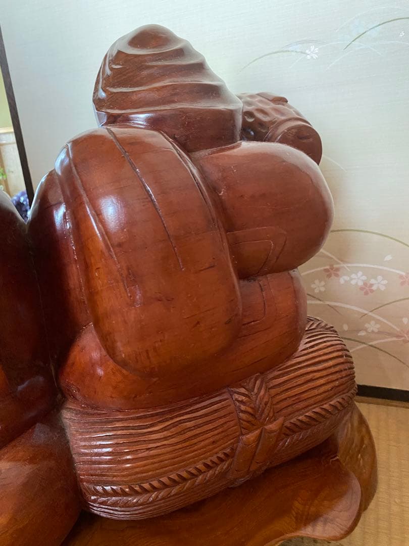 恵比寿と大黒天の木像　七福神　商売繁盛　大漁　財福　骨董　台座付　特大