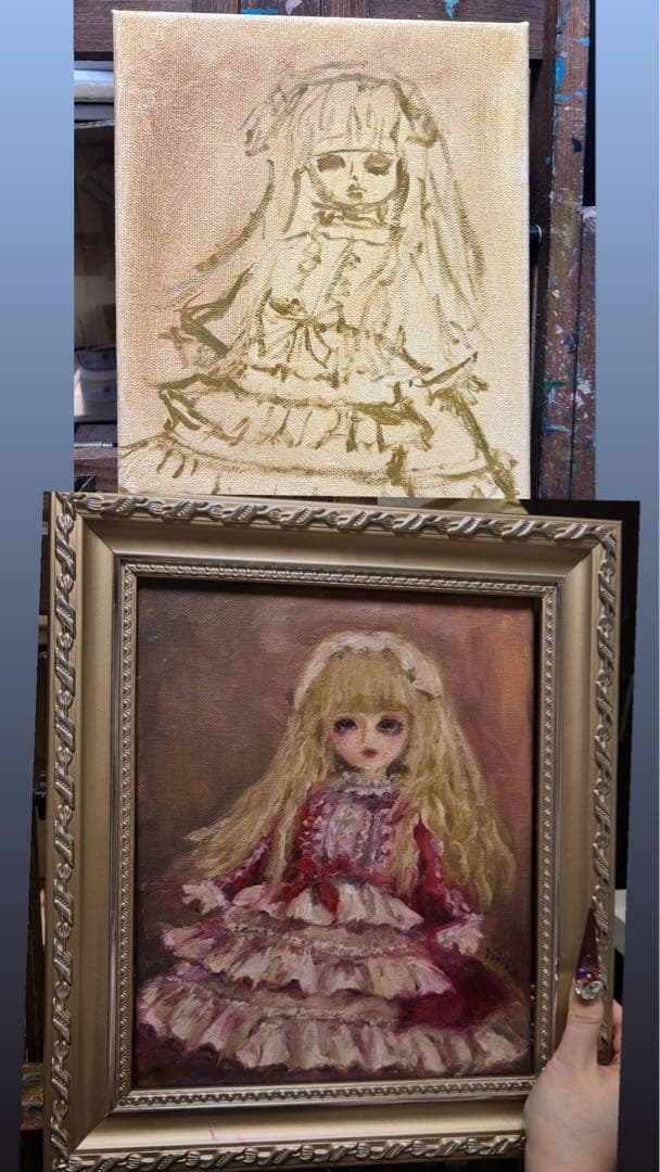 泣いてるの人形の油彩画