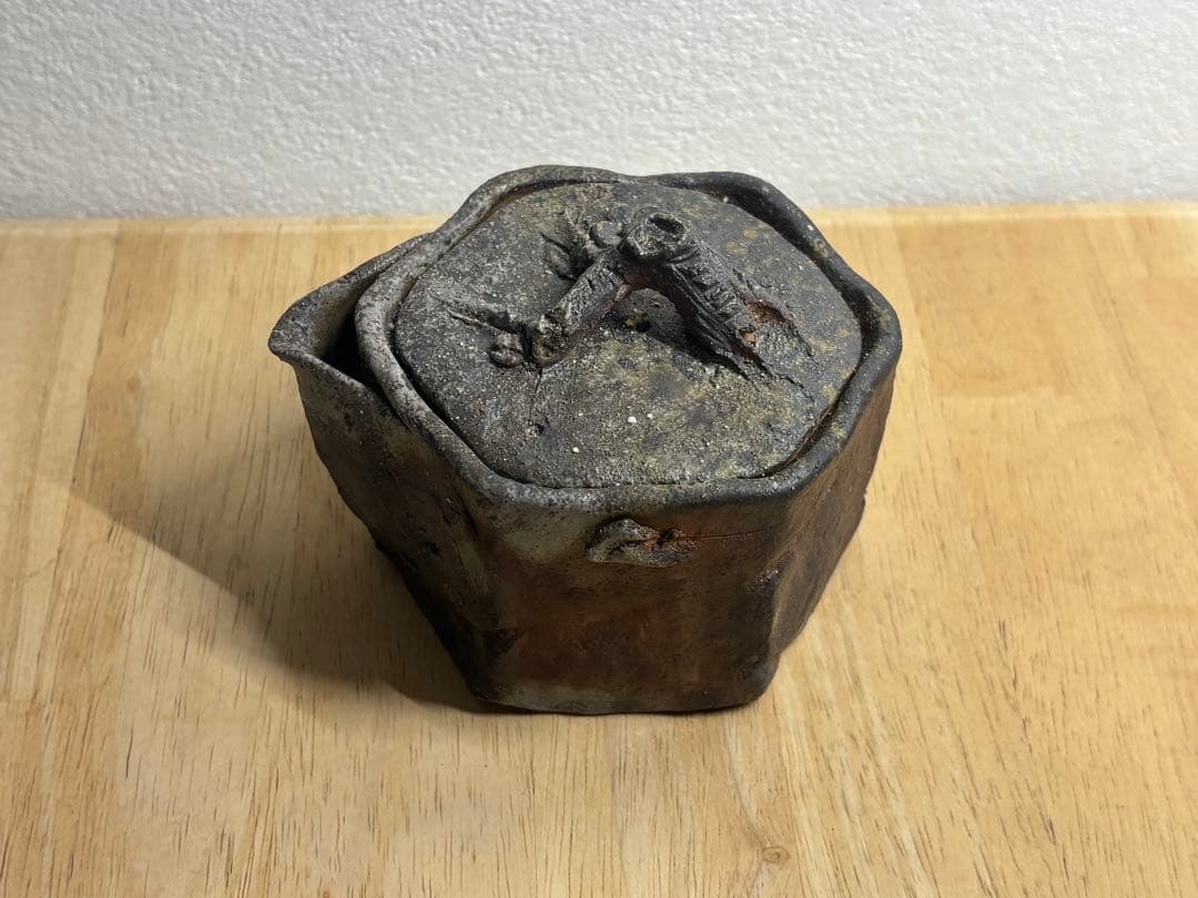 119. 備前焼 宝瓶 登り窯 梅 6角 手びねり 急須