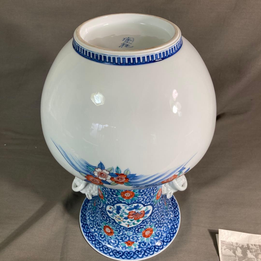 【樋渡陶六】日本名窯　無形文化財　肥蝶山　樋渡陶六作　染錦花水車文　獅子環大花瓶