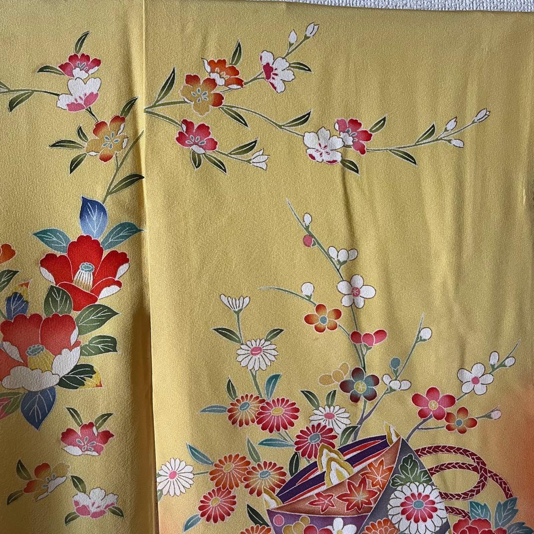 七五三　5歳　7歳　黄色　生絹　花柄　フルセットアンティーク