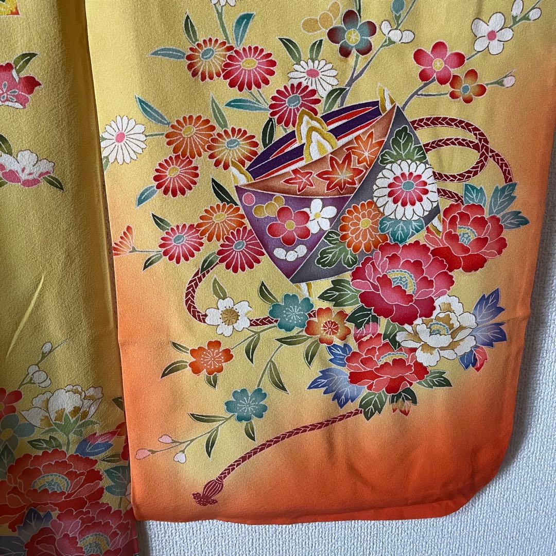 七五三　5歳　7歳　黄色　生絹　花柄　フルセットアンティーク