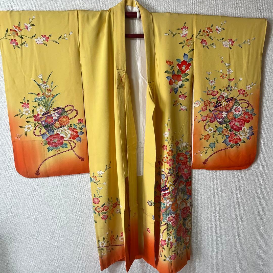 七五三　5歳　7歳　黄色　生絹　花柄　フルセットアンティーク