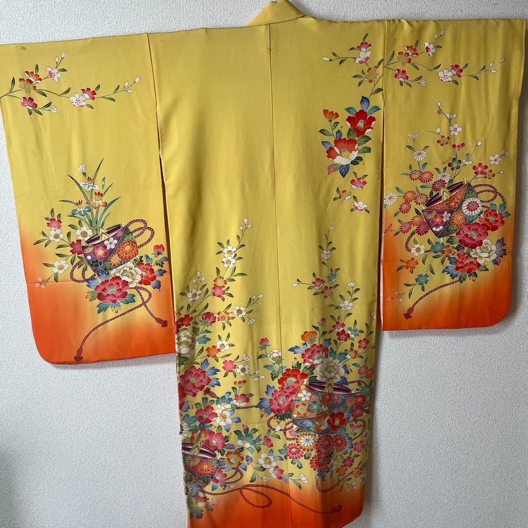 七五三　5歳　7歳　黄色　生絹　花柄　フルセットアンティーク