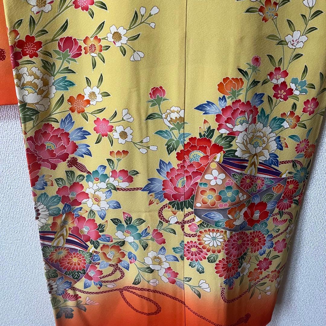 七五三　5歳　7歳　黄色　生絹　花柄　フルセットアンティーク