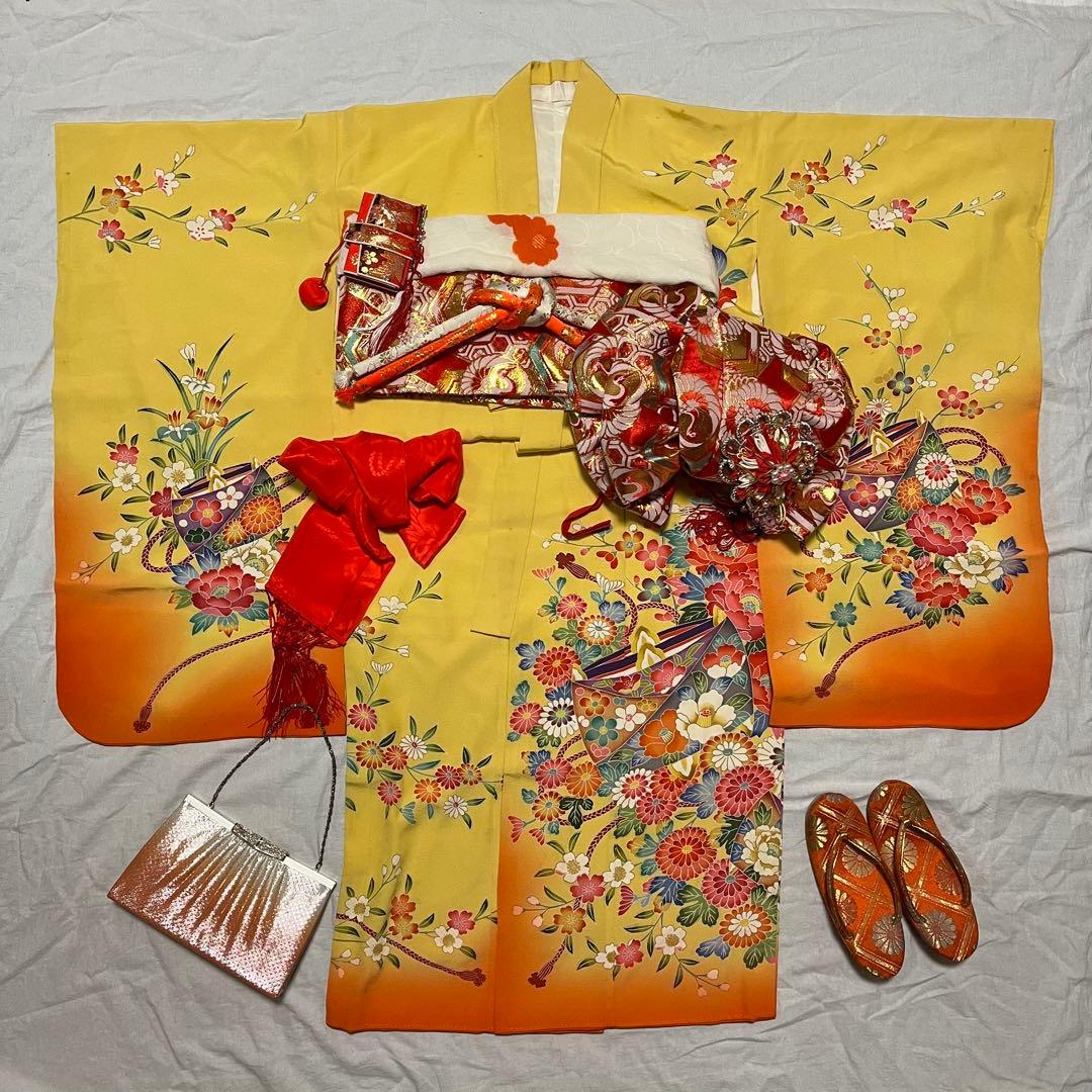 七五三　5歳　7歳　黄色　生絹　花柄　フルセットアンティーク