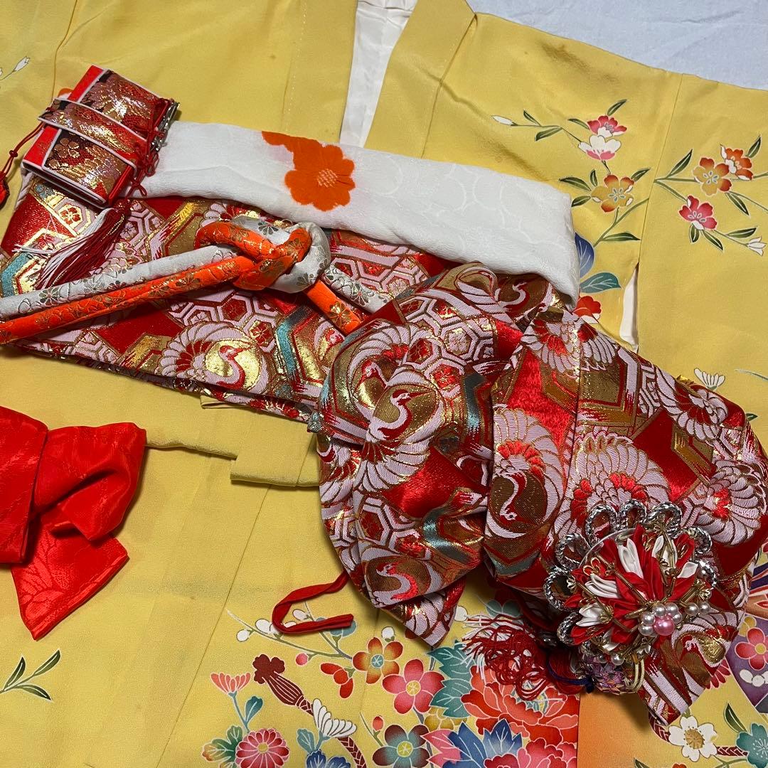 七五三　5歳　7歳　黄色　生絹　花柄　フルセットアンティーク