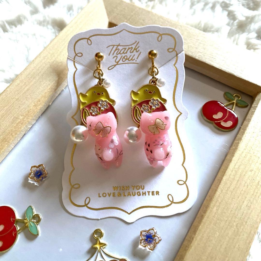 ☆ヒヨコが可愛い和菓子とSpring猫ちゃんイヤリング