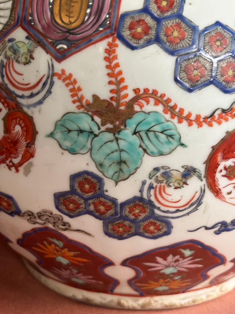 江戸期柿右衛門様式色絵鳳凰龍桐花散吉祥文大瓶　検　輸出　注門品