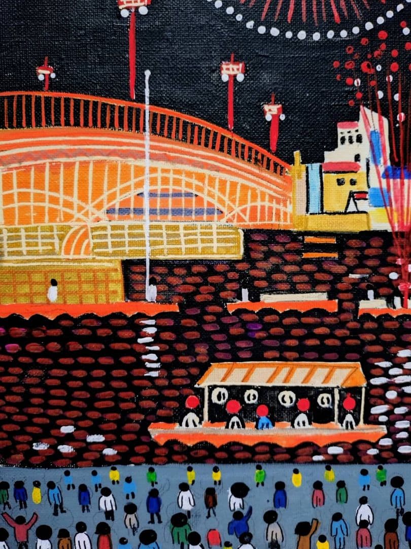 【F6号】山下清【両国の花火】手描き/表裏サイン・共シール有り/油彩/油絵/額縁