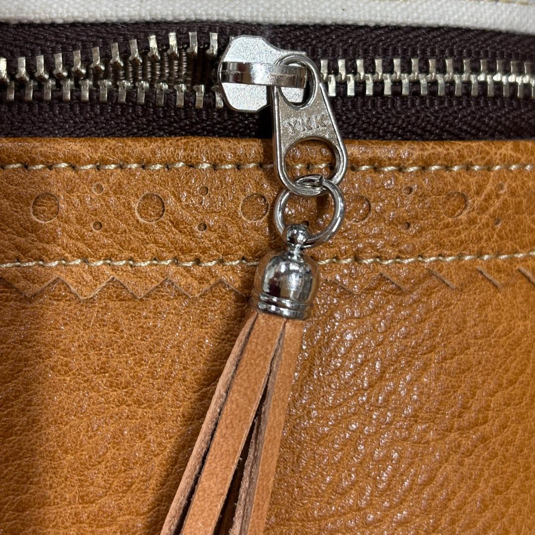 本革×帆布 サコッシュ 茶 蝶柄 金具色シルバー ショルダーバッグ