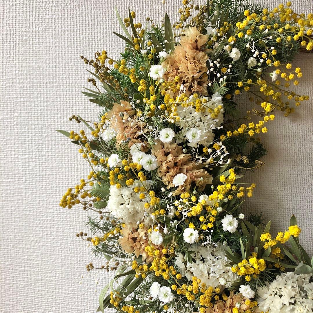 ＊Natural＊ころころミモザとかすみ草のリース☆ミモザリース☆ドライフラワー