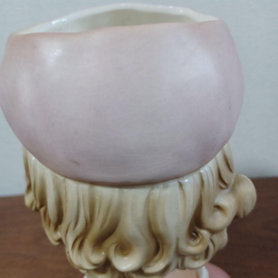 ビンテージ レディヘッドベース 陶器製置物花瓶　ピンクのドレスに同色リボン付帽子