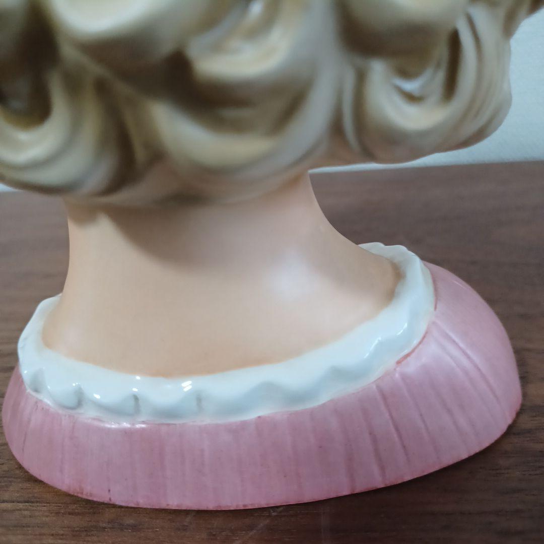 ビンテージ レディヘッドベース 陶器製置物花瓶　ピンクのドレスに同色リボン付帽子