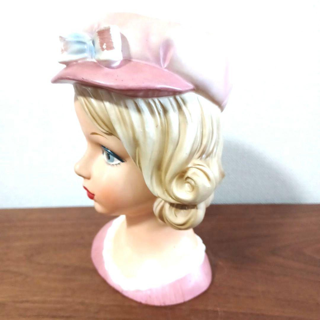 ビンテージ レディヘッドベース 陶器製置物花瓶　ピンクのドレスに同色リボン付帽子