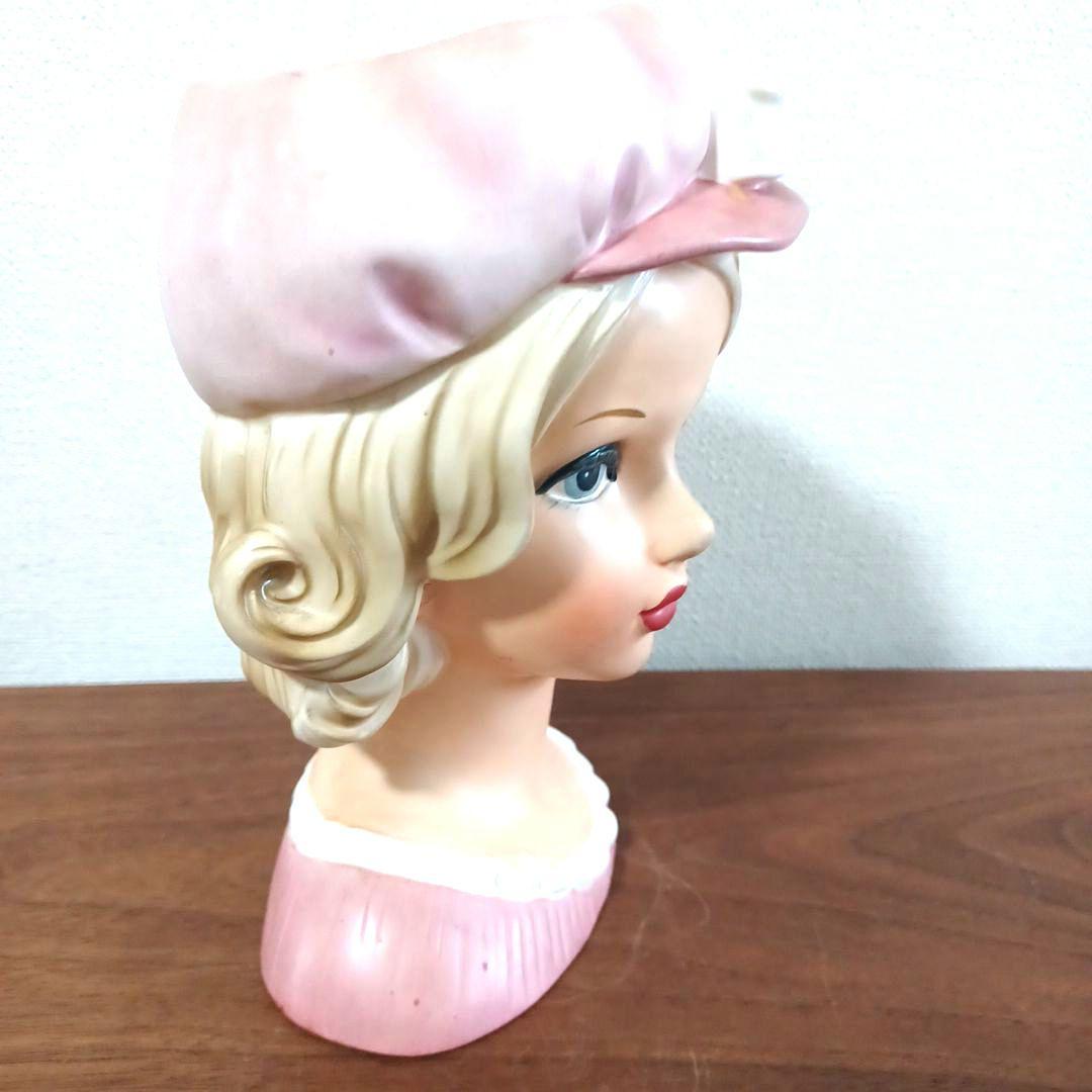 ビンテージ レディヘッドベース 陶器製置物花瓶　ピンクのドレスに同色リボン付帽子