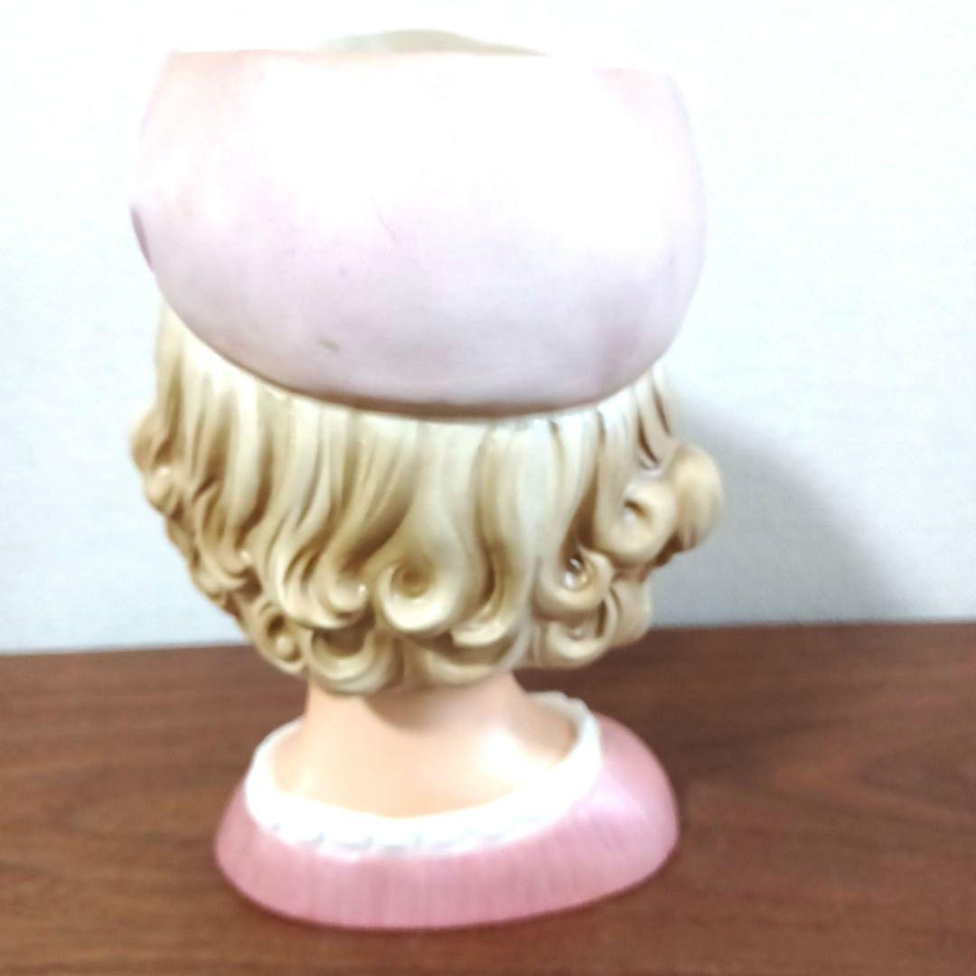 ビンテージ レディヘッドベース 陶器製置物花瓶　ピンクのドレスに同色リボン付帽子