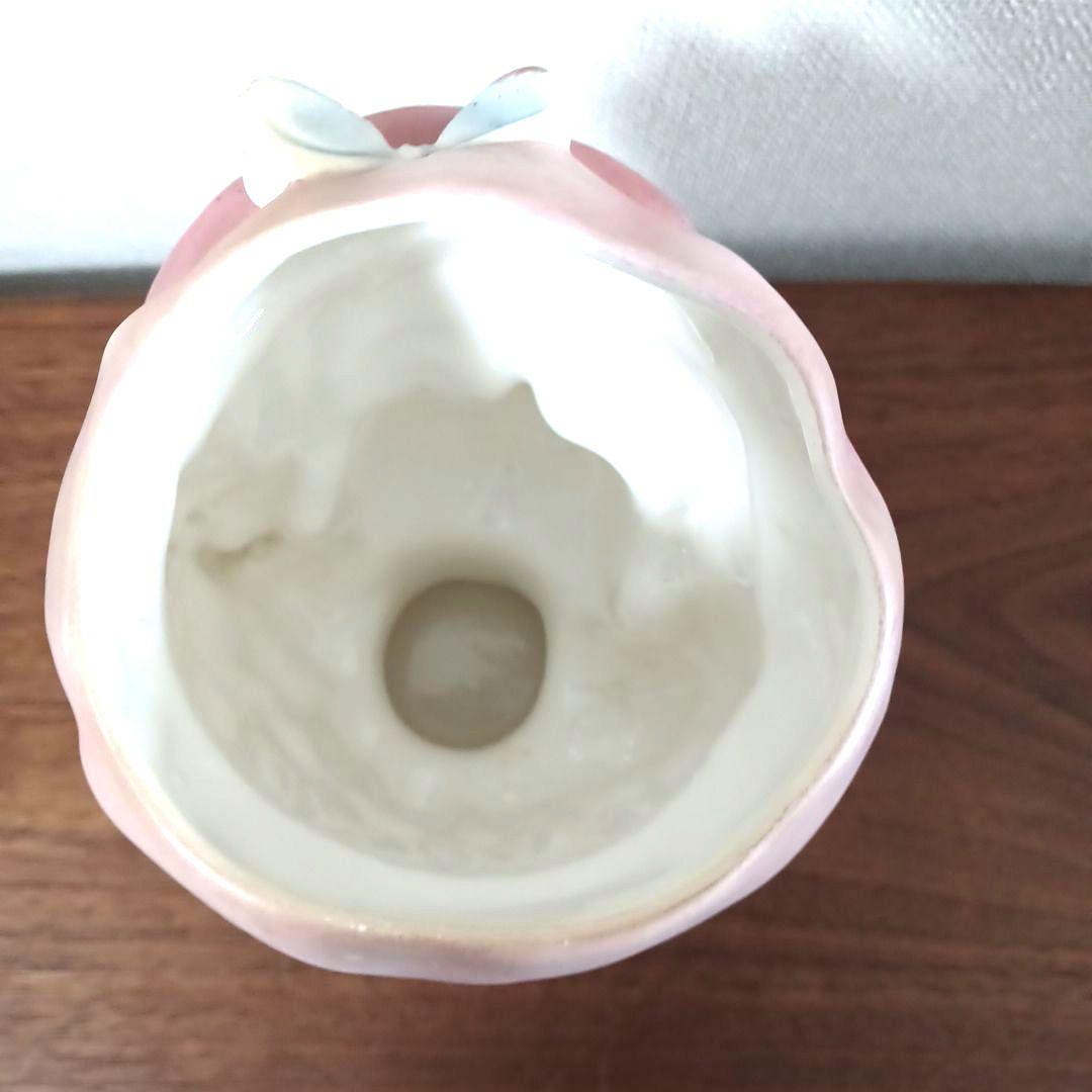 ビンテージ レディヘッドベース 陶器製置物花瓶　ピンクのドレスに同色リボン付帽子