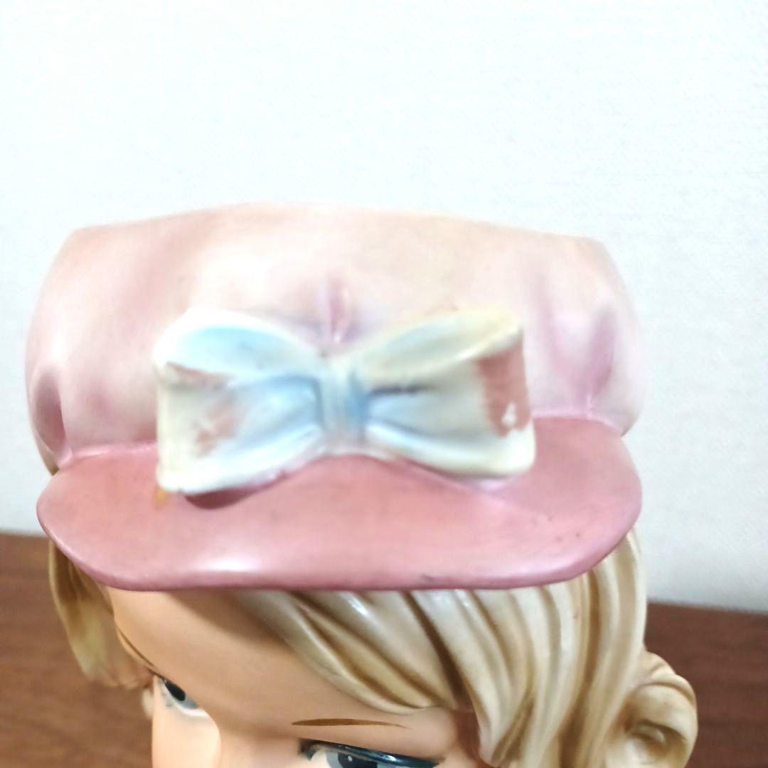 ビンテージ レディヘッドベース 陶器製置物花瓶　ピンクのドレスに同色リボン付帽子