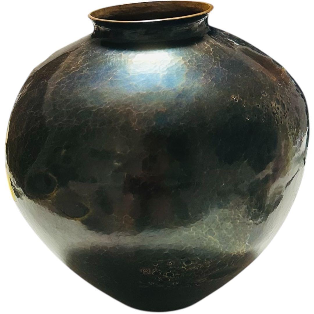 【極美品】無形文化財 玉川 蟹彫刻文 鎚起銅器 花瓶 共箱 煎茶道具 花器 花入