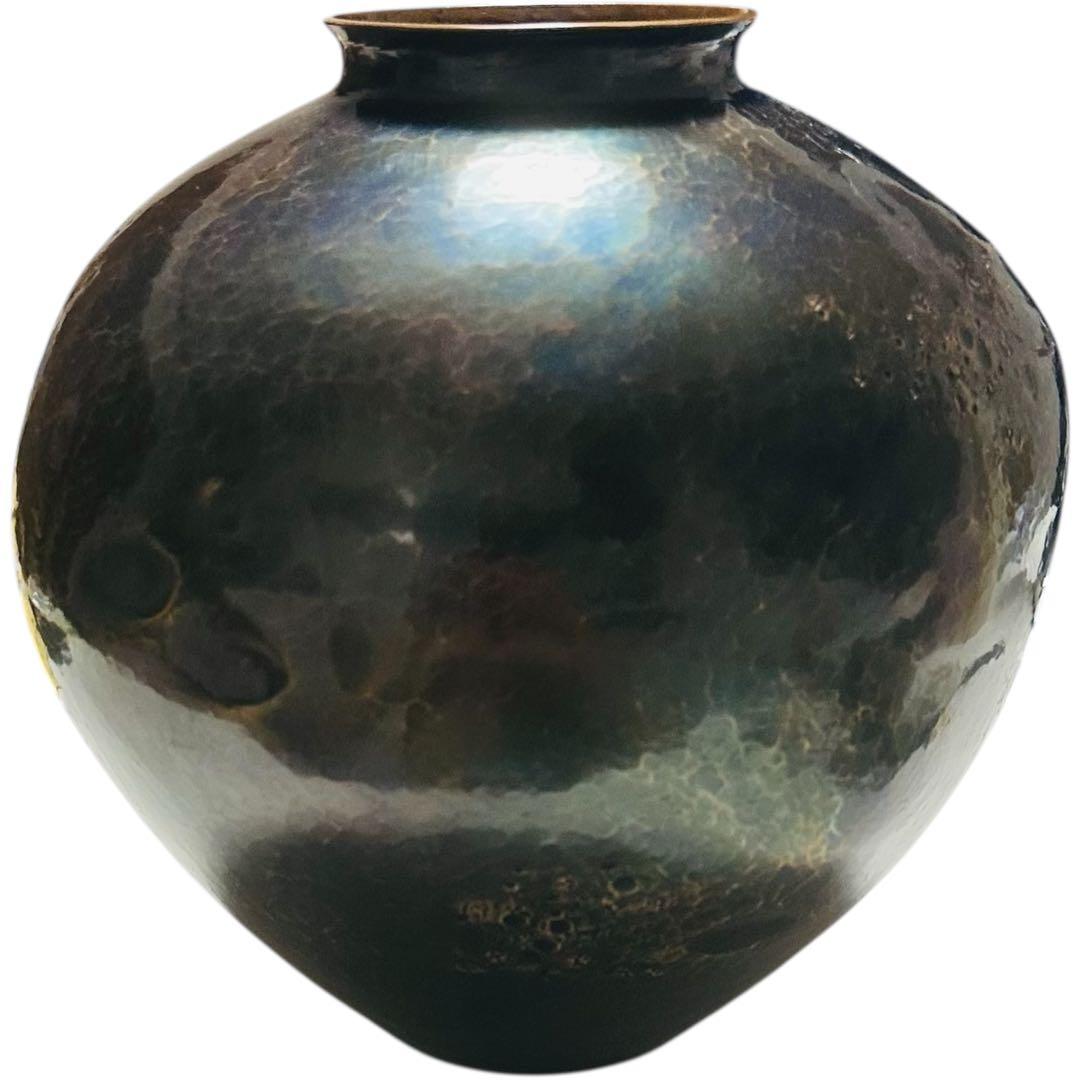 【極美品】無形文化財 玉川 蟹彫刻文 鎚起銅器 花瓶 共箱 煎茶道具 花器 花入
