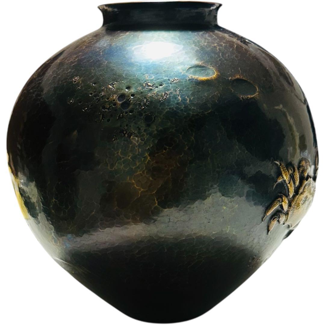 【極美品】無形文化財 玉川 蟹彫刻文 鎚起銅器 花瓶 共箱 煎茶道具 花器 花入
