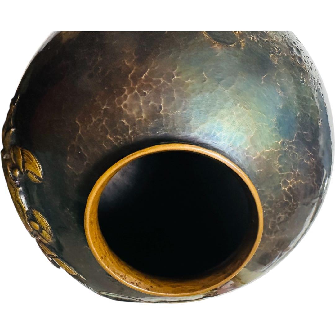 【極美品】無形文化財 玉川 蟹彫刻文 鎚起銅器 花瓶 共箱 煎茶道具 花器 花入