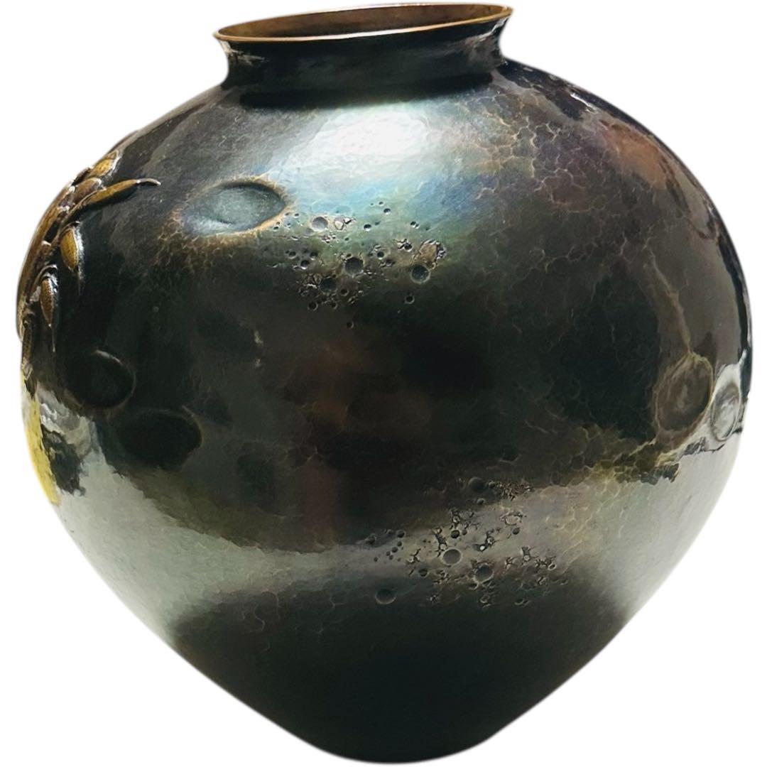 【極美品】無形文化財 玉川 蟹彫刻文 鎚起銅器 花瓶 共箱 煎茶道具 花器 花入