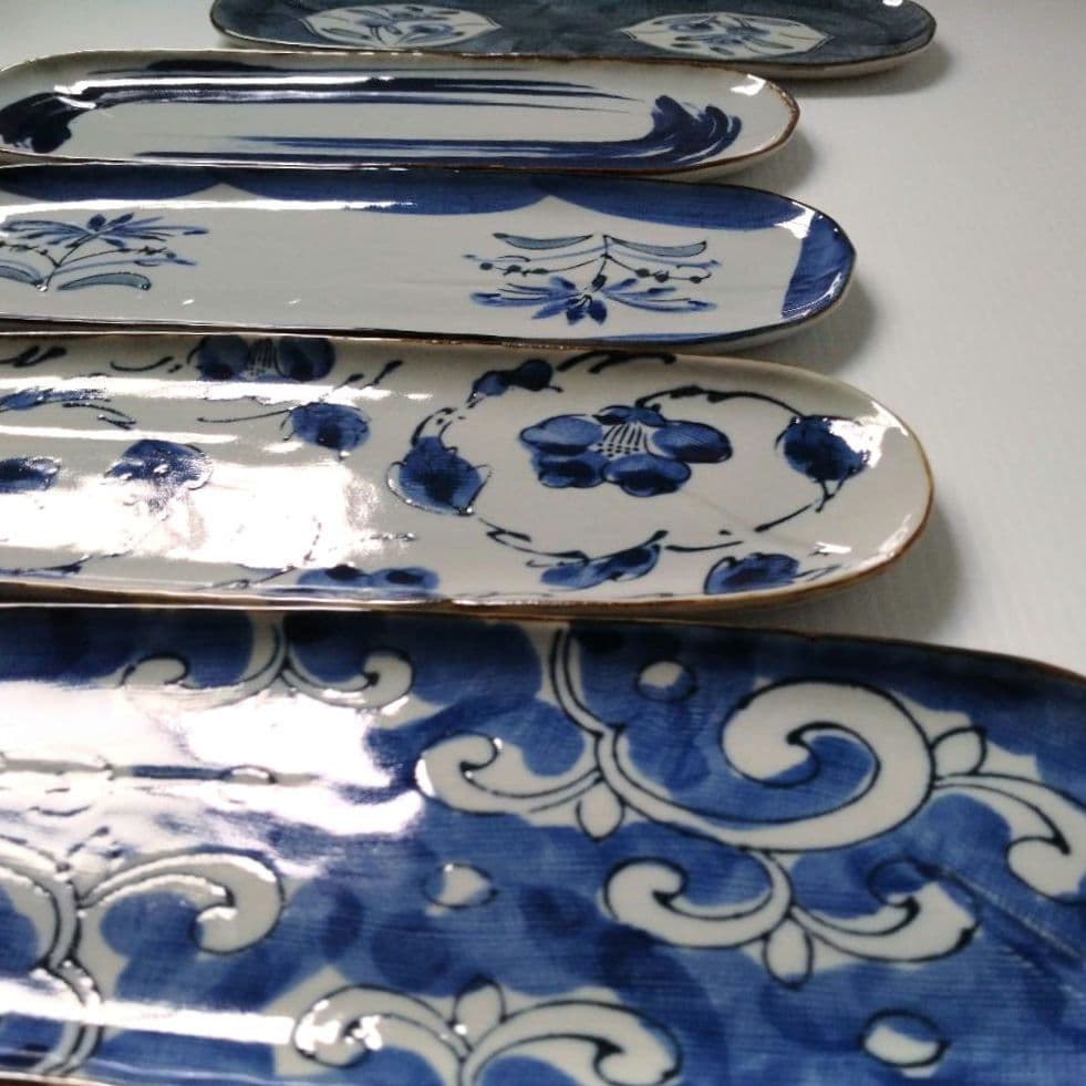 雅峰窯 古窯染 染付 呉須 長角皿 長皿 古伊万里 刺身皿 寿司皿 秋刀魚皿