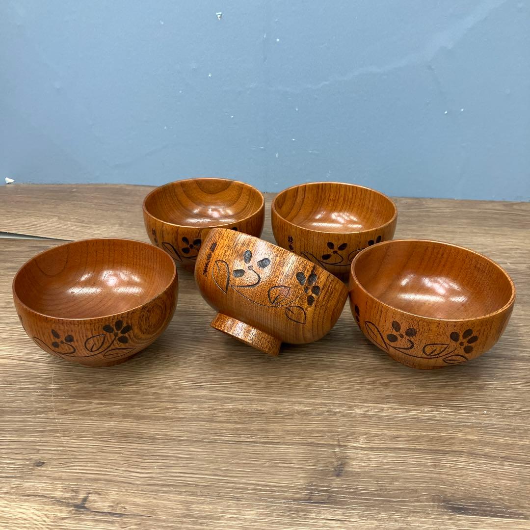 E-2 桂由美 木製汁椀 5客 クマの箸置き 調味料入れセット 葉っぱ型小皿付き