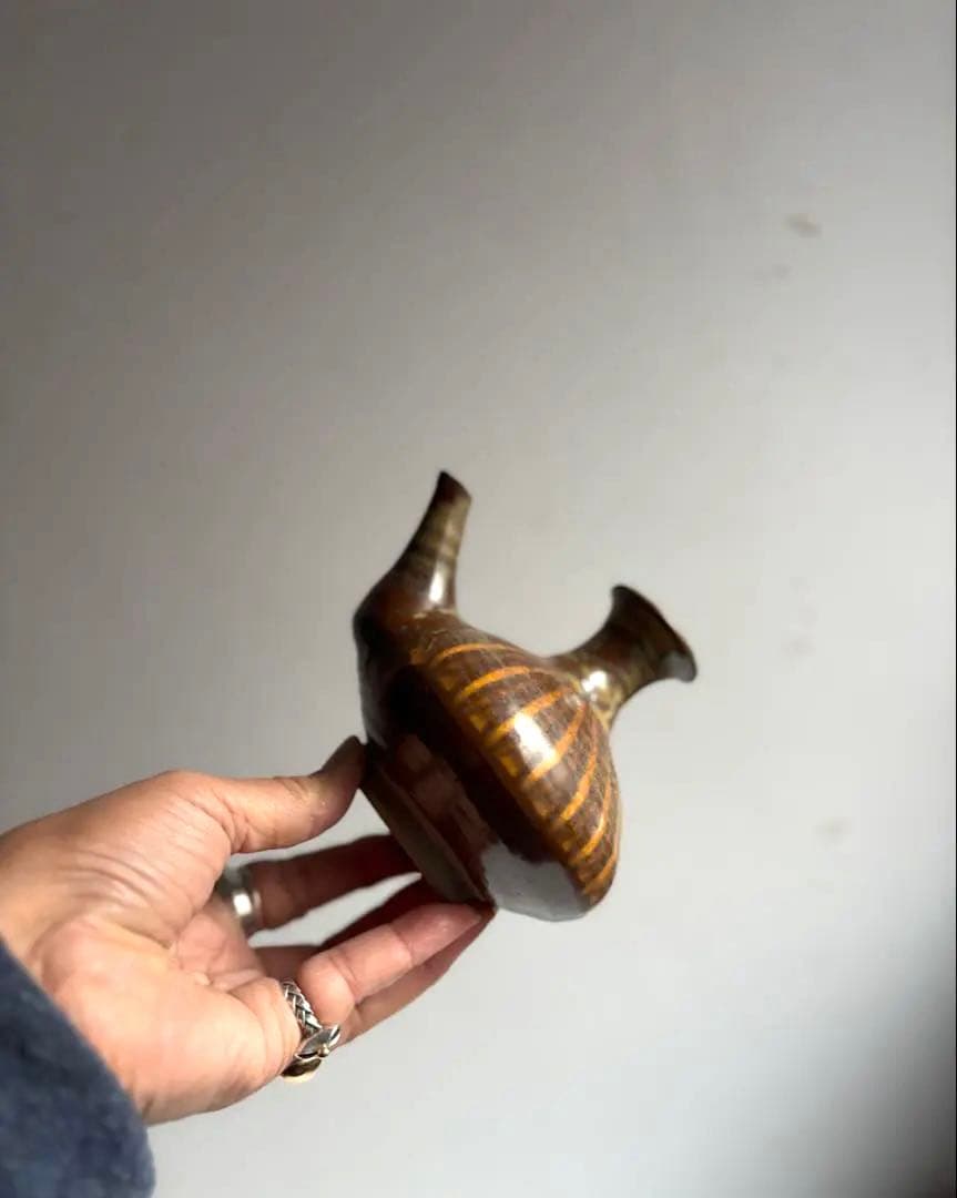 895 民芸 民陶 小鹿田焼 飴釉口付徳利 ② フォークアート 古手 希少