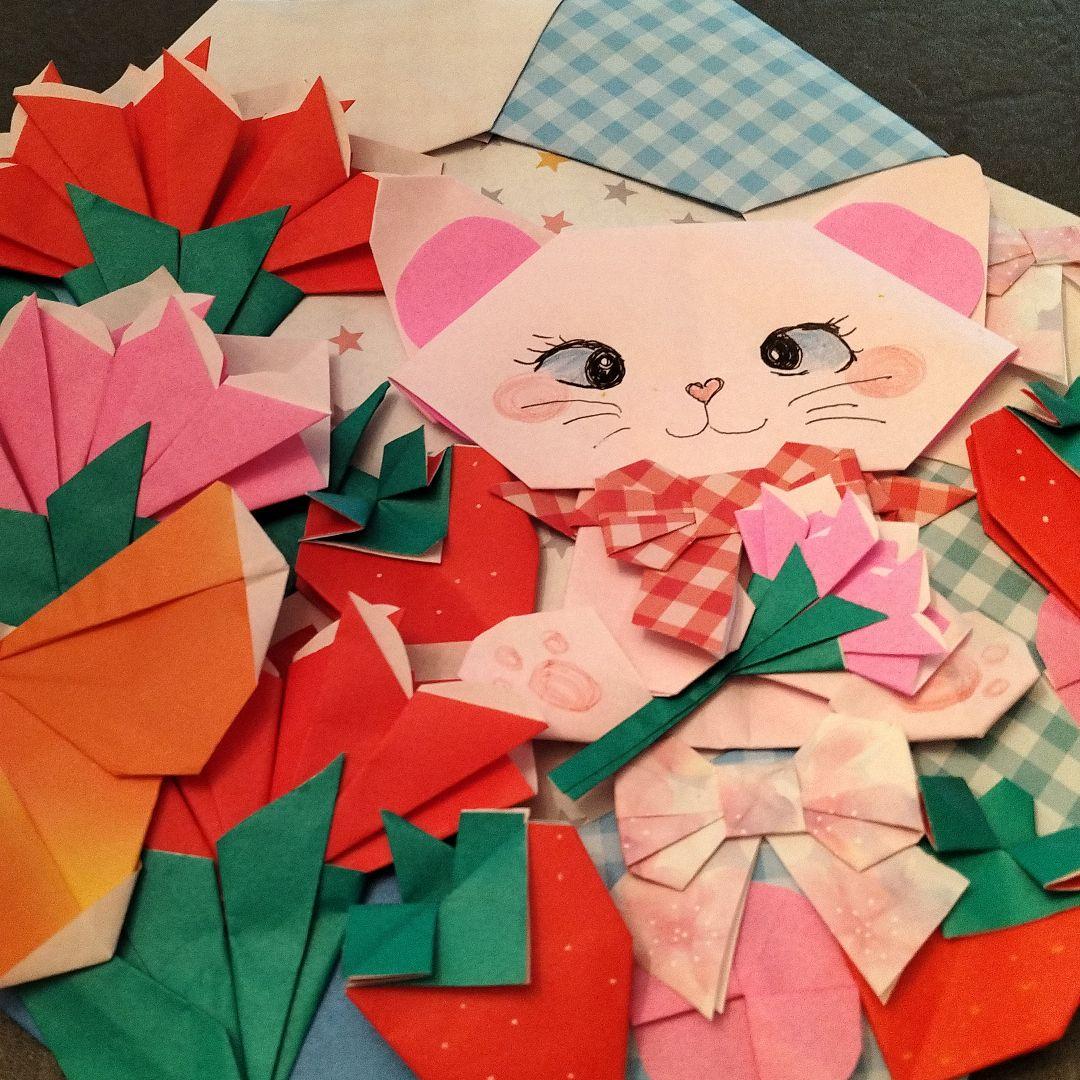 【お値下げ中】折り紙　母の日カーネーションリース　ねこ　春壁面