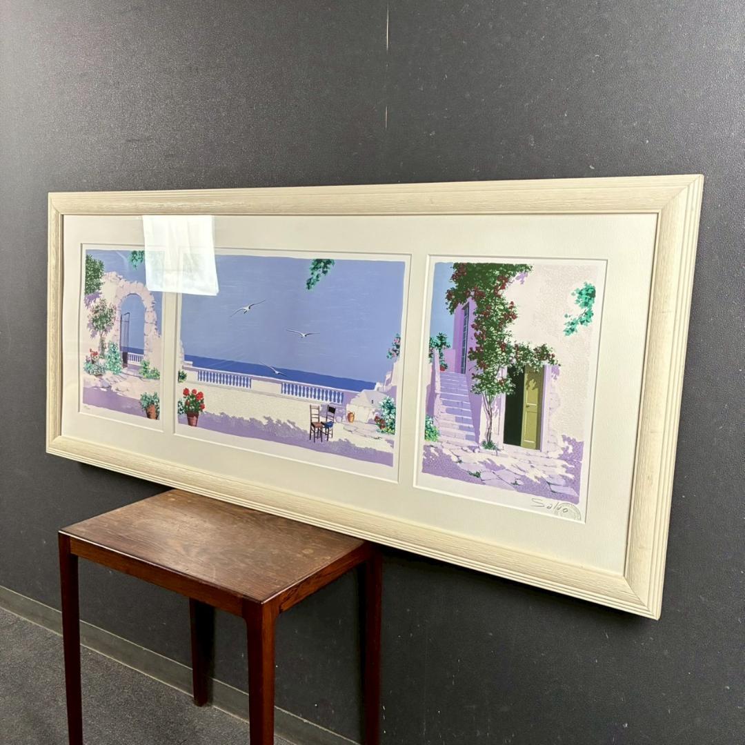 サルボ「エーゲ海 パノラマ」ミクストメディア 直筆サイン入 額装 イタリアの画家