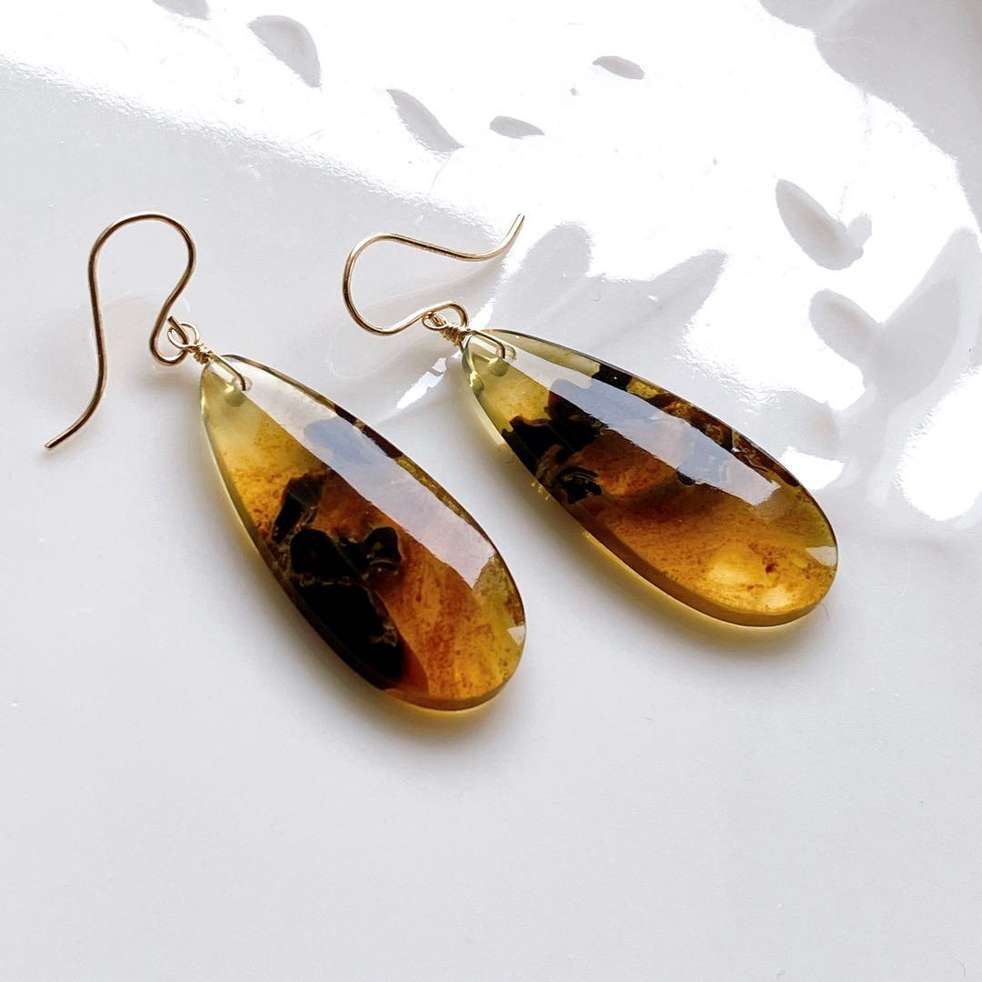 ユウ◆希少✧インドネシア産ブルーアンバーピアス✧14kgf✧天然琥珀